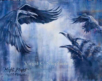 Raven art, Night Flight, print of a Pine Ravens flying at night, black bird, crows, blackbirds, murder of ravens, crow art