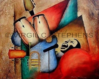 Music art, Satin Rhythms, signed/numbered limited edition print of music, musical instruments, congas, and a blues singer