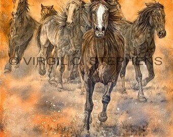 16x16, 23x23 Horse Art Print | Running Wild Horses Painting | Rustic Western Wall Decor | Country Ranch Horse Lovers Gift