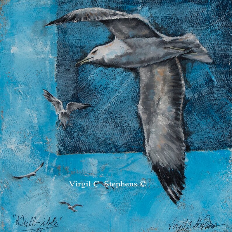 Gull-Ible, 14" x 14" open edition giclee print of seagulls, beach artwork, ocean or lakefront art of seagulls flying on the beach