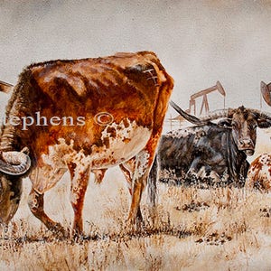 Oil And Gas, Yard Art, print from the original oil painting of a pump-jack and a couple of longhorn cattle, oil and gas, derricks