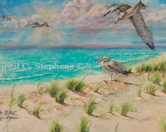 15x24, 20x32, 22x35 Beach Seagull Art Print | Coastal Ocean Sand Dune Wall Decor | Nautical Shore Bird Painting | Seaside Cottage Home Gift