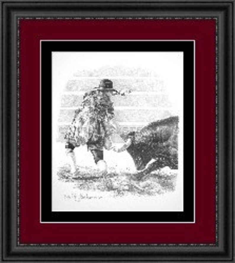 Bull Fighting, drawing of a rodeo cowboy fighting the bull at the rodeo, western cowboys, western drawing image 3