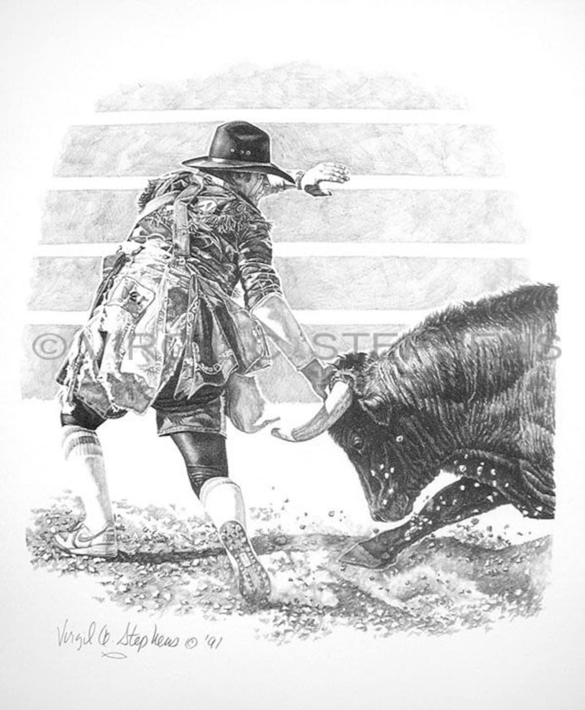 Bull Fighting, Drawing of a Rodeo Cowboy Fighting the Bull at the Rodeo