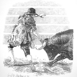 Bull Fighting, drawing of a rodeo cowboy fighting the bull at the rodeo, western cowboys, western drawing