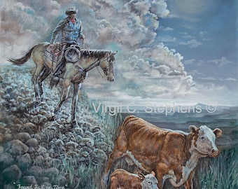 Cowboy Art, Found Just In Time, western art of a cowboy, cow and calf, evening art, ranch cowboy that just found a cow and newborn calf