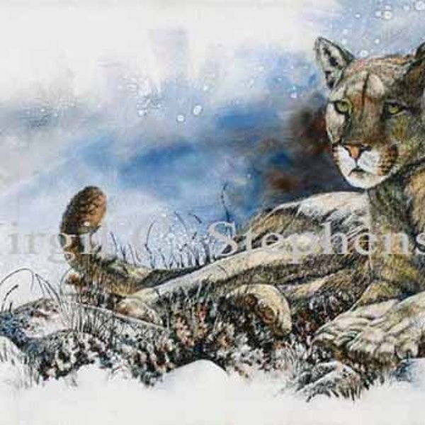 Mountain Lion, Observatiepost, afdruk van het originele olieverfschilderij van een Noord-Amerikaanse Bergleeuw, wildlife schilderij, cougar kunst