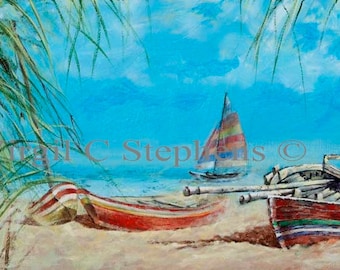10x20, 12x24 Coastal Beach Boat Art Print | Tropical Nautical Wall Decor | Summer Seaside Sailboat Painting | Virgil C Stephens Artwork