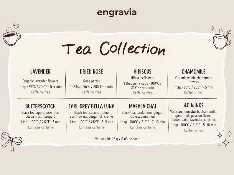 May include: A beige informational chart titled Tea Collection by engravia, listing eight tea varieties including Lavender, Dried Rose, Hibiscus, Chamomile, Butterscotch, Earl Grey Bella Luna, Masala Chai, and 40 Winks with brewing instructions and net weight 18 g / 0.63 oz each.