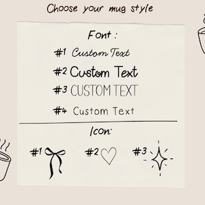 May include: A beige chart displaying mug customization options. The text reads Choose your mug style, Font, #1 Custom Text, #2 Custom Text, #3 CUSTOM TEXT, #4 Custom Text, Icon, #1, #2, #3. Illustrations include two mugs with steam and icons of a bow, heart, and star.