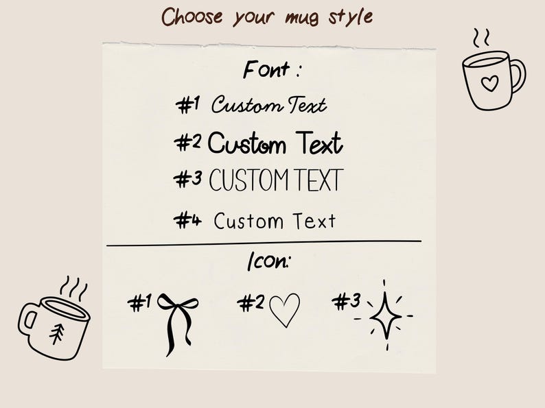 May include: A beige chart displaying mug customization options. The text reads Choose your mug style, Font, #1 Custom Text, #2 Custom Text, #3 CUSTOM TEXT, #4 Custom Text, Icon, #1, #2, #3. Illustrations include two mugs with steam and icons of a bow, heart, and star.