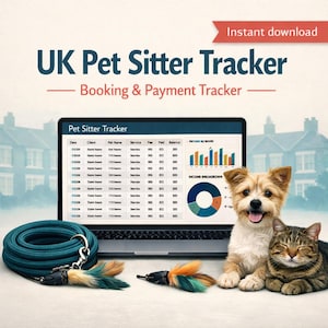 May include: A digital UK Pet Sitter Tracker booking and payment spreadsheet displayed on a laptop screen, accompanied by a coiled teal rope leash with a feather toy, a small fluffy dog, and a tabby cat resting on a light surface.
