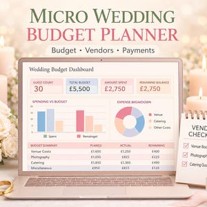 Mikrobröllopsbudgetplanerare | Spårning av bröllop och små bröllop | Betalningsspårning för leverantörer | Google Sheets och Excel