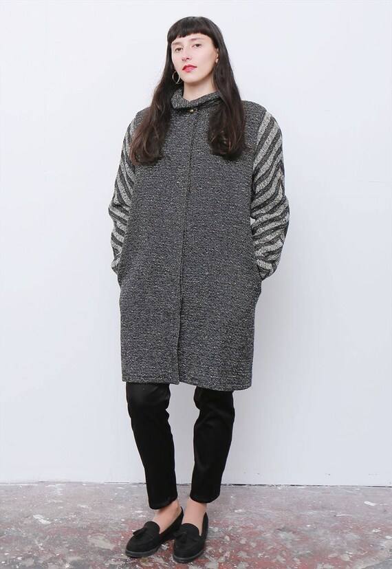 Boucle Patchwork Wool Coat Vintage 1980s Ukrainian Black n Gray Patch Nubby Wool Coat 80s Minimalist Oversized Boucle Wool Menswear Coat