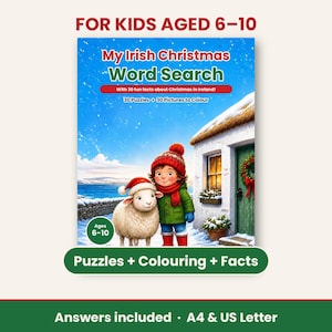 May include: A book titled My Irish Christmas Word Search for kids aged 6-10. The cover features a child and a sheep in Santa hats standing by a cottage in the snow. It includes 30 puzzles, 30 pictures to color, and facts about Christmas in Ireland.