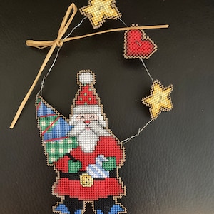 COMPLETED CROSS STITCH Christmas ornament Santa with tree handsewn by seller new