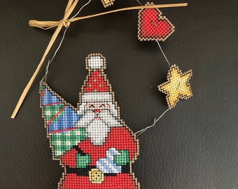 COMPLETED CROSS STITCH Christmas ornament Santa with tree handsewn by seller new