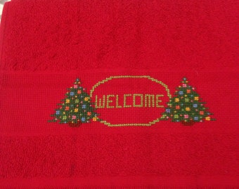 Hand Sewn Cross Stitch Christmas Towel, Red 'Welcome' Tree Design