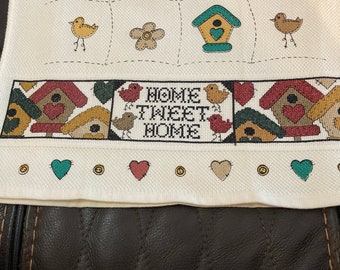 Crosstitch completato a grandezza naturale, strofinaccio da cucina, casette per uccelli, cucito a mano dal venditore nuovo