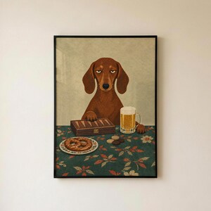 Lámina de backgammon con perro salchicha, pintura de perro gruñón, arte de pared vintage para sala de juegos, póster de cerveza y pretzels, regalo para amantes de los perros salchicha, lámina de bellas artes