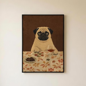 May include: A framed wall art print featuring a tan pug sitting at a table with a floral tablecloth. The pug has a glass of amber liquid and a small bowl of dark chocolate squares. Scattered puzzle pieces are on the table before the dog.