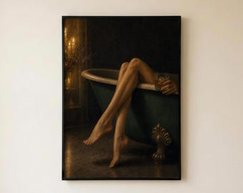 Olieverfschilderijprint van een whiskybad, vintage kunst met een vrijstaand bad, decoratie voor een smaragdgroene badkamer bij kaarslicht, sensuele kunst met vrouwenbenen, kunstprint