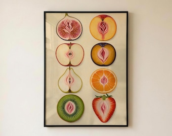 Feministische muurdecoratie met fruitmotief, body-positive print, boho fruitdecoratie, sensuele keukendecoratie, kunstprint
