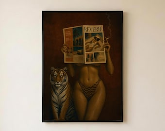 Modeposter met tijgerprint, modeposter met een vrouw zonder gezicht, sensuele boudoirdecoratie, glamoureuze slaapkamerprint, kunstprint