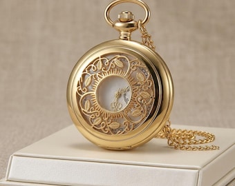 Antique Gold Tone Floral Pocket Watch Necklace, Quartz Movement, 12-Hour Dial, Sweater Chain