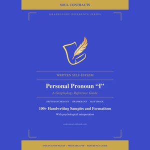May include: A blue digital reference guide titled Soul Contracts Graphology Reference Series: Personal Pronoun I. It features a gold feather icon, text about handwriting samples, formations, and psychological interpretation on a blue background.