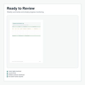 May include: A digital document titled Ready to Review with the subtitle Weekly summaries and simple progress monitoring. It features a Frequency and Duration Log table with columns for date, start, end, duration, frequency tally, trigger context, and response result.