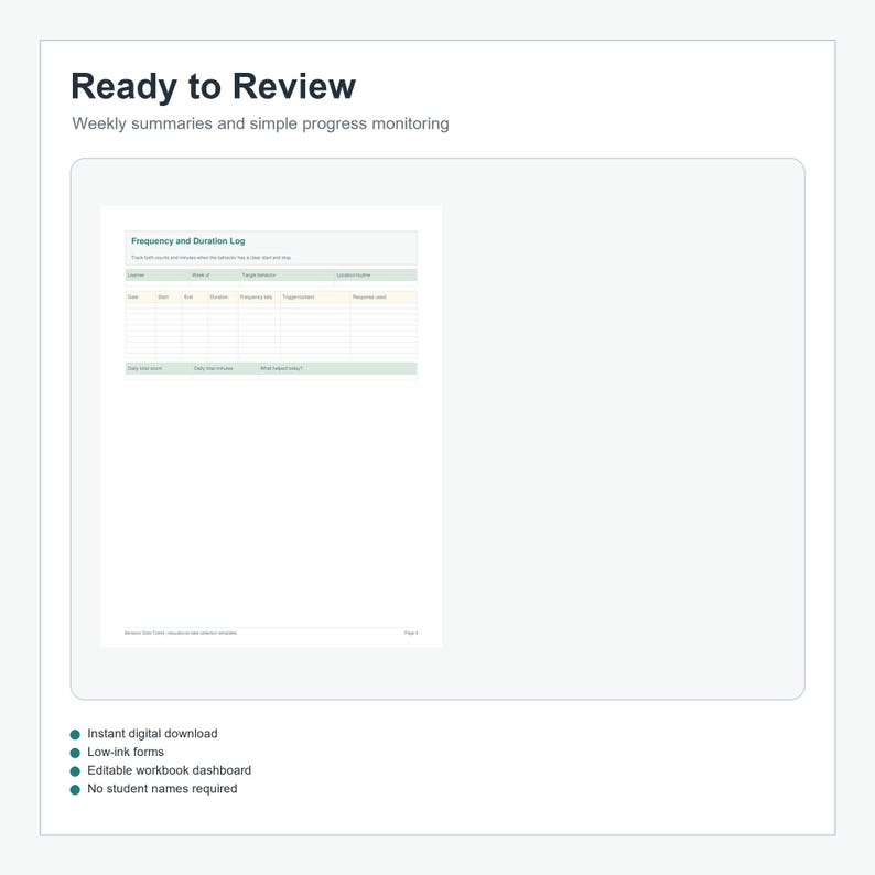 May include: A digital document titled Ready to Review with the subtitle Weekly summaries and simple progress monitoring. It features a Frequency and Duration Log table with columns for date, start, end, duration, frequency tally, trigger context, and response result.