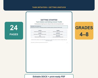Task Initiation Workbook, Grades 4-8, Executive Function Tools (PDF DOCX)