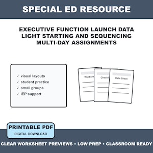 Puede incluir: Un recurso educativo digital titulado SPECIAL ED RESOURCE EXECUTIVE FUNCTION LAUNCH DATA LIGHT STARTING AND SEQUENCING MULTI-DAY ASSIGNMENTS. Incluye una lista de características y tres iconos de documentos etiquetados como Worksheet, Checklist y Data Sheet.