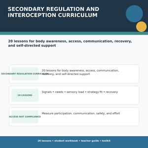May include: A curriculum document titled Secondary Regulation and Interoception Curriculum. It features 20 lessons for body awareness, access, communication, recovery, and self-directed support. Includes sections on signals, needs, sensory load, strategy fit, and recovery, plus a student workbook, teacher guide, and toolkit.