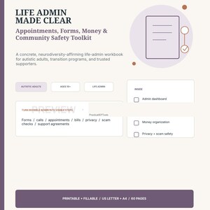 Adult Autism Life Admin Workbook | Appointments, Forms, Bills, Privacy (Fillable PDF)