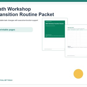 Paquete de rutinas de transición para el taller de matemáticas / Apoyo a las funciones ejecutivas y la comunicación / PDF de educación especial de 6 páginas