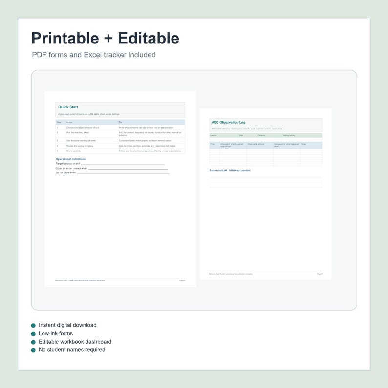 May include: A digital document set featuring a Quick Start guide and an ABC Observation Log. The pages include tables with headers for steps, tips, and observation data, with blank lines for notes. The text is black on a white background.
