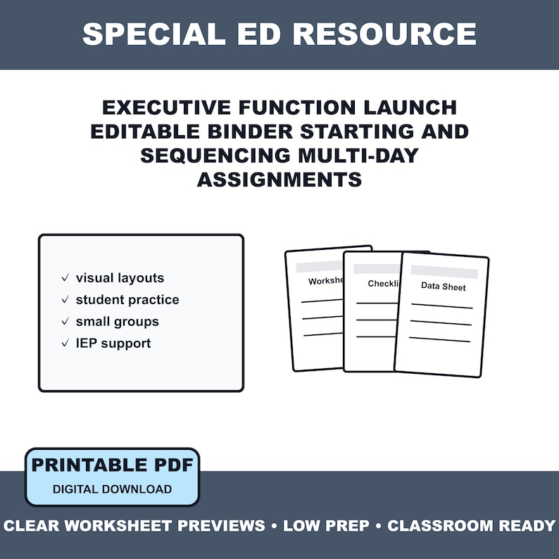 Pode incluir: Um recurso digital intitulado SPECIAL ED RESOURCE EXECUTIVE FUNCTION LAUNCH EDITABLE BINDER STARTING AND SEQUENCING MULTI-DAY ASSIGNMENTS. Inclui uma lista de layouts visuais, pr&aacute;tica estudantil, pequenos grupos e suporte para IEP.