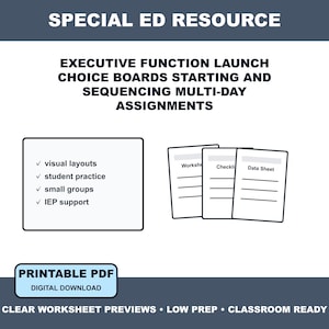 Puede incluir: Un recurso educativo digital titulado SPECIAL ED RESOURCE, EXECUTIVE FUNCTION LAUNCH CHOICE BOARDS STARTING AND SEQUENCING MULTI-DAY ASSIGNMENTS. Incluye una lista de diseños visuales, práctica estudiantil, grupos pequeños y apoyo IEP.