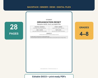 Student Organization Workbook Grades 4–8 | Backpack, Binder and Desk Routines | Editable PDF + DOCX
