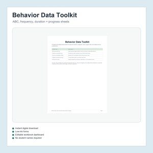 以下が含まれることがあります： データ収集ツールと説明の列がある表を含むBehavior Data Toolkitドキュメント。テキストには、ABC observation log、frequency and duration log、interval and scattered sheets、progress monitoring、home-school notesが含まれています。