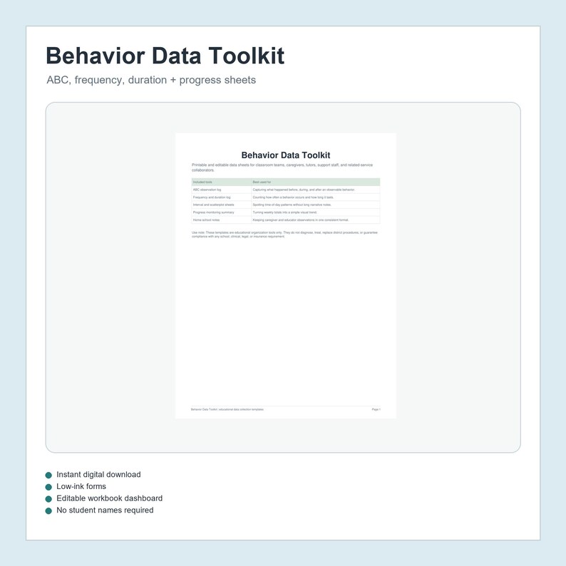 May include: A Behavior Data Toolkit document featuring a table with columns for data collection tools and descriptions. The text includes ABC observation log, frequency and duration log, interval and scattered sheets, progress monitoring, and home-school notes.