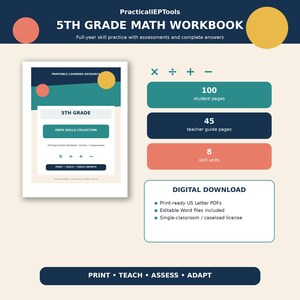May include: A 5th Grade Math Workbook digital download by PracticalIEPTools featuring 100 student pages, 45 teacher guide pages, and 8 skill units. The resource includes print-ready US Letter PDFs and editable Word files for classroom use.