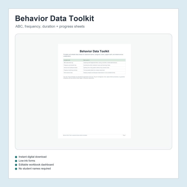 K&ouml;nnte beinhalten: Ein Behavior Data Toolkit-Dokument mit einer Tabelle, die Spalten f&uuml;r Datenerfassungstools und Beschreibungen enth&auml;lt. Der Text umfasst ABC observation log, frequency and duration log, interval and scattered sheets, progress monitoring und home-school notes.