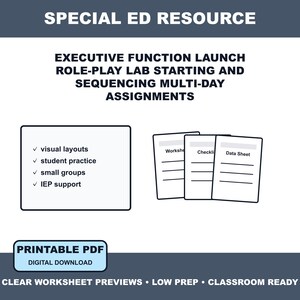 Puede incluir: Un recurso educativo digital titulado SPECIAL ED RESOURCE EXECUTIVE FUNCTION LAUNCH ROLE-PLAY LAB STARTING AND SEQUENCING MULTI-DAY ASSIGNMENTS. Incluye una lista de características y tres iconos de documentos etiquetados como Worksheet, Checklist y Data Sheet.