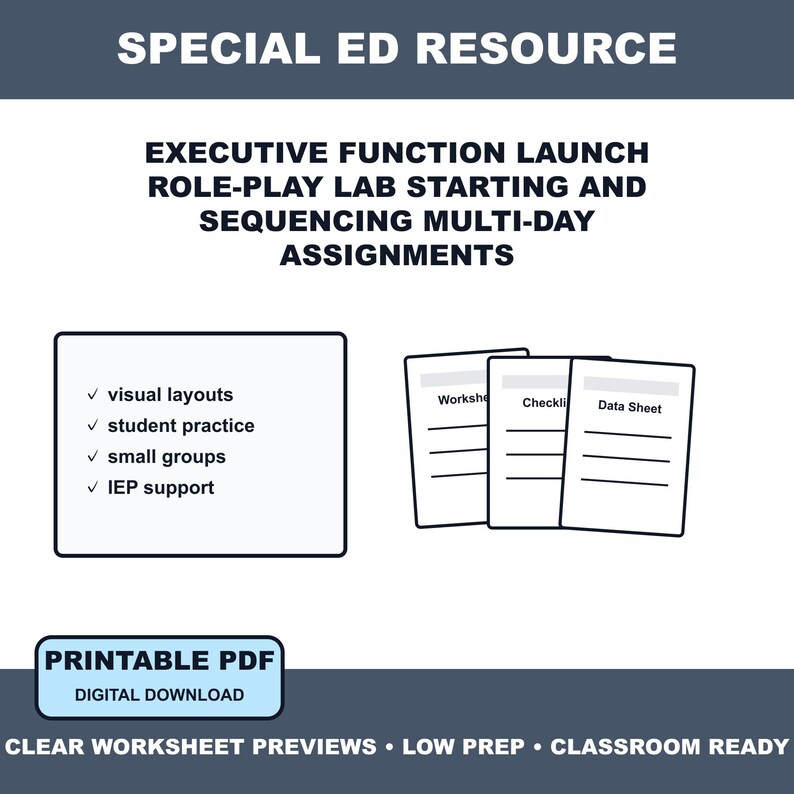 May include: A digital educational resource titled SPECIAL ED RESOURCE EXECUTIVE FUNCTION LAUNCH ROLE-PLAY LAB STARTING AND SEQUENCING MULTI-DAY ASSIGNMENTS. It includes a list of features, three document icons labelled Worksheet, Checklist, and Data Sheet.
