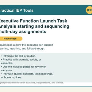 Pu&ograve; includere: Una risorsa digitale stampabile intitolata Practical IEP Tools, che presenta l'analisi dei compiti di avvio delle funzioni esecutive per assegnazioni plurigiornaliere. Include una sezione How to use con passaggi per la pianificazione e l'insegnamento.