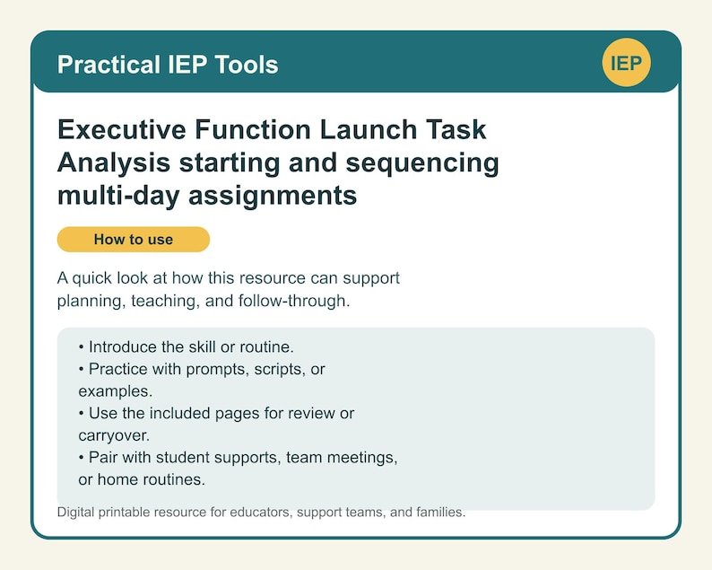 Pu&ograve; includere: Una risorsa digitale stampabile intitolata Practical IEP Tools, che presenta l'analisi dei compiti di avvio delle funzioni esecutive per assegnazioni plurigiornaliere. Include una sezione How to use con passaggi per la pianificazione e l'insegnamento.