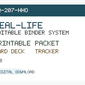 Puede incluir: Un documento digital que presenta el texto HQ-207-HHO, REAL-LIFE EDITABLE BINDER SYSTEM, PRINTABLE PACKET, CARD DECK, TRACKER, K-8 y DIGITAL DOWNLOAD en un estilo de fuente pixelada con texto azul oscuro y marrón sobre fondo blanco.